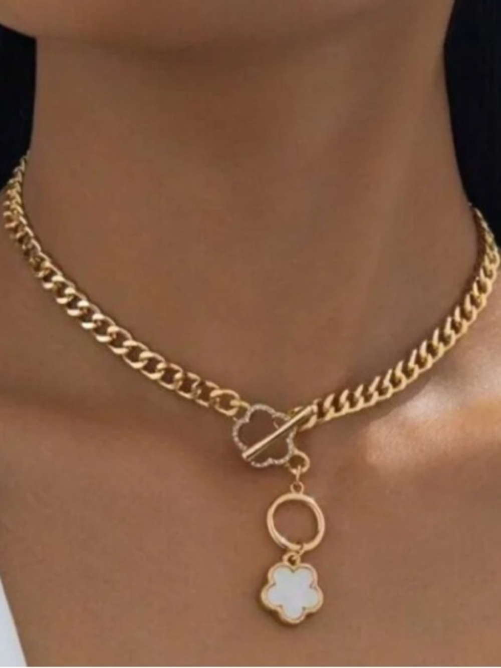 Gold Chain Toggle Necklace with White Clover Pendant - Women Jewelry
